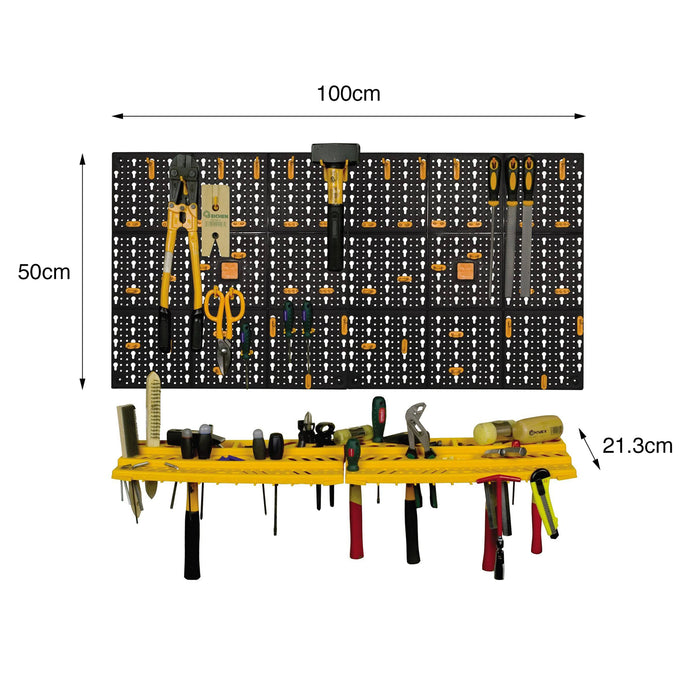 Set di 2 pannelli e 2 mensole portautensili con 50 ganci, Organiser porta oggetti da parete, 100% Made in Italy, cm 100x22h50, colore Nero