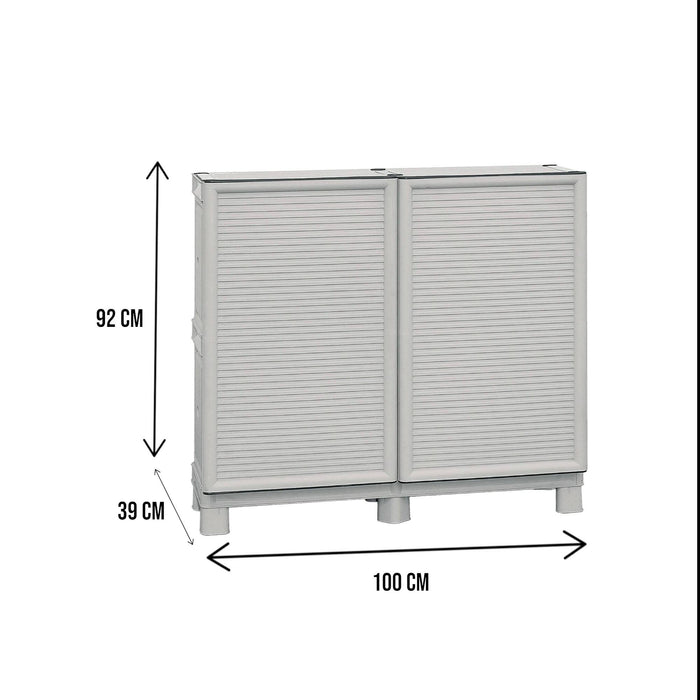 Armadio multiuso da esterno o interno, Mobile a 2 ante e 1 ripiano in polipropilene, 100% Made in Italy, cm 100x39h92, colore Grigio chiaro