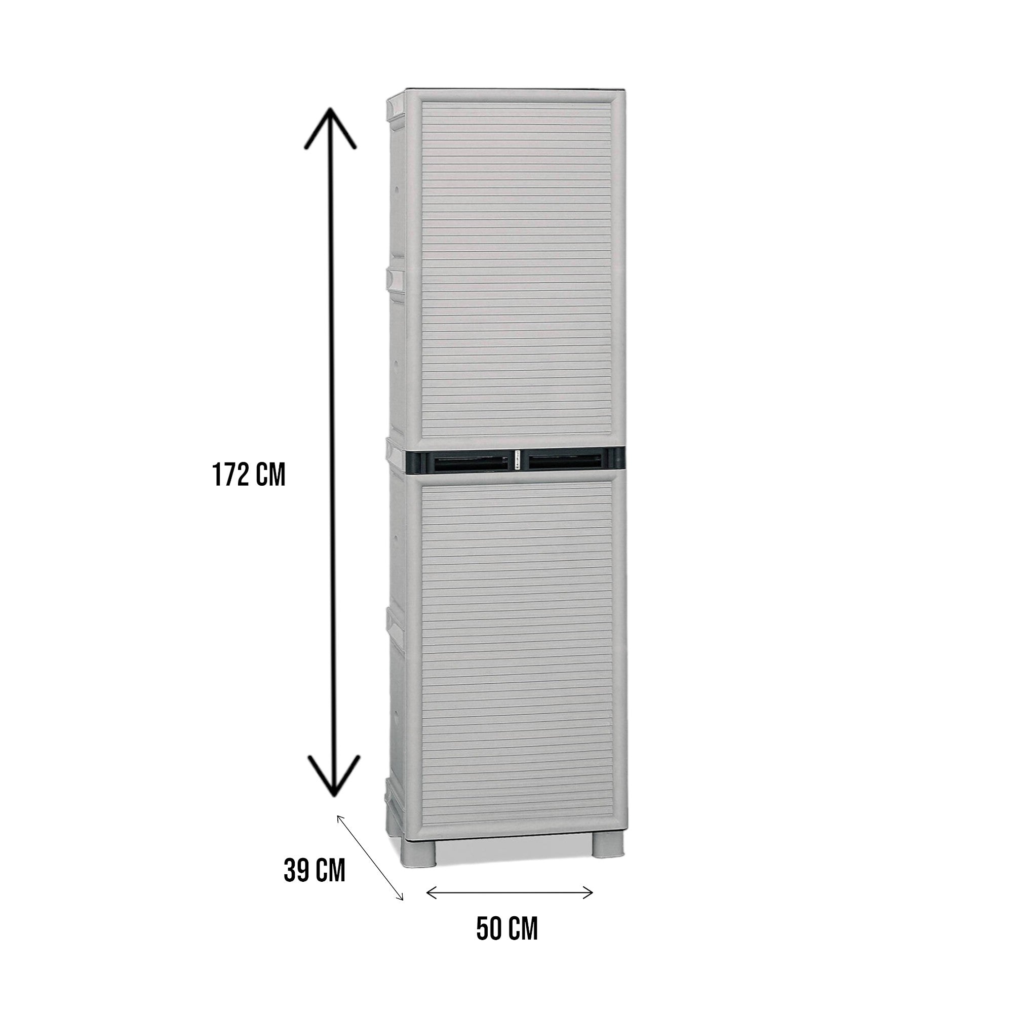 Armadio da spogliatoio per esterno o interno, Mobile a 1 anta e 2 ripiani in polipropilene, 100% Made in Italy, cm 50x39h172, colore Grigio chiaro