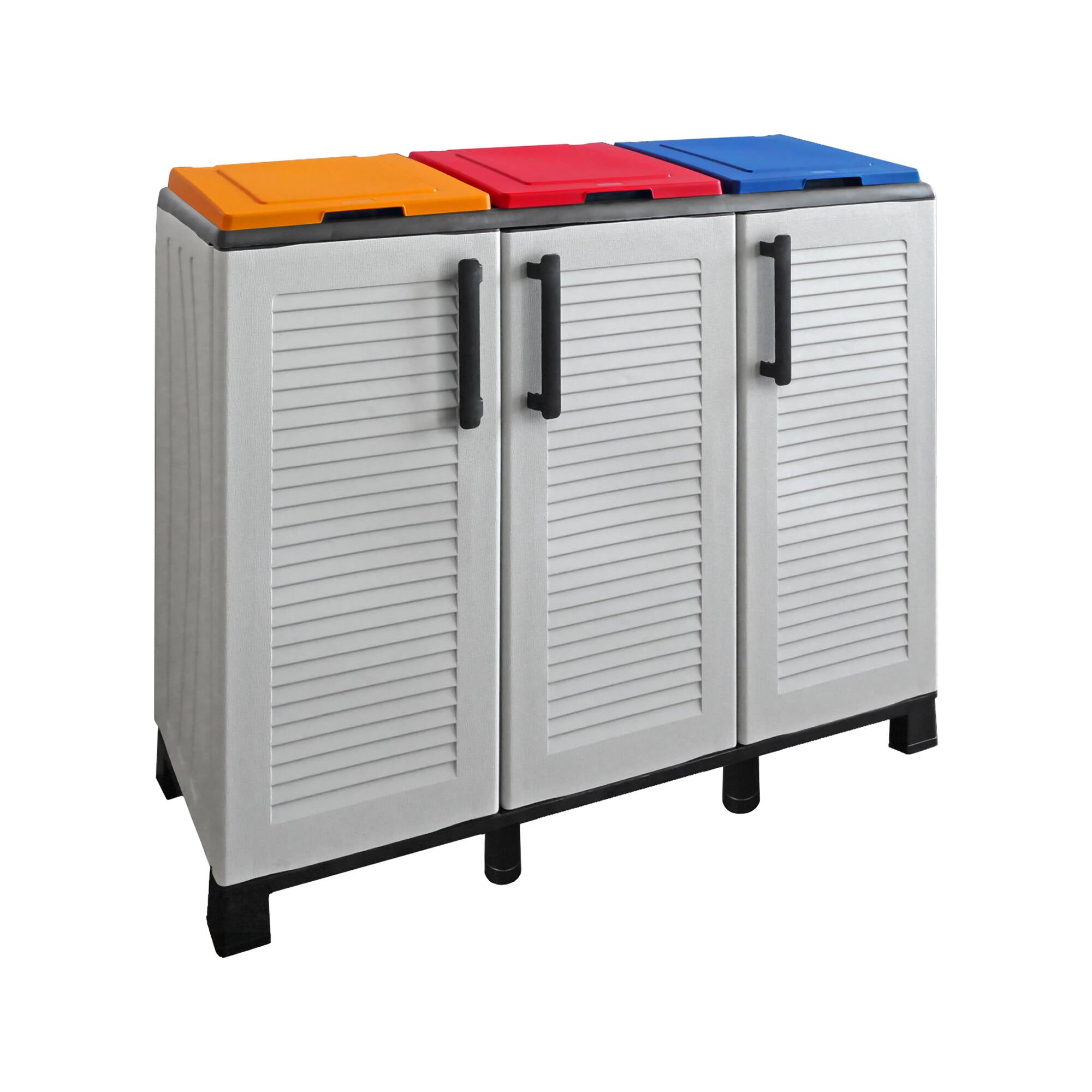 Armadio portarifiuti da esterno o interno, Mobile porta 3 sacchi a 3 ante, 100% Made in Italy, cm 102x37h90, colore Grigio chiaro e coperchi colorati