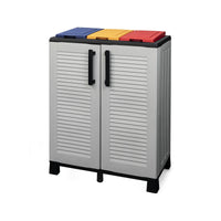 Armadio portarifiuti da esterno o interno, Mobile porta 3 sacchi a 2 ante, 100% Made in Italy, cm 68x37h90, colore Grigio chiaro e coperchi colorati