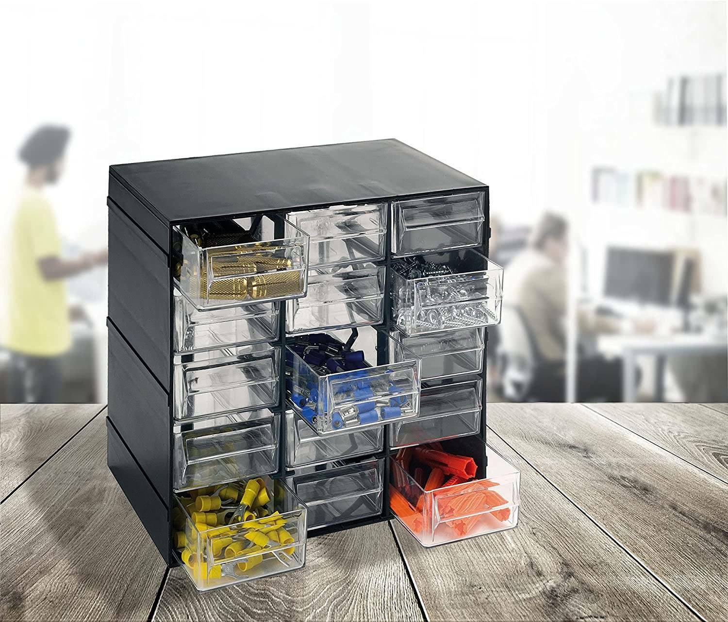 Cassettiera portaminuteria a 15 cassetti, Organiser portaoggetti con cassetti trasparenti, 100% Made in Italy, cm 23x14h19, colore Nero