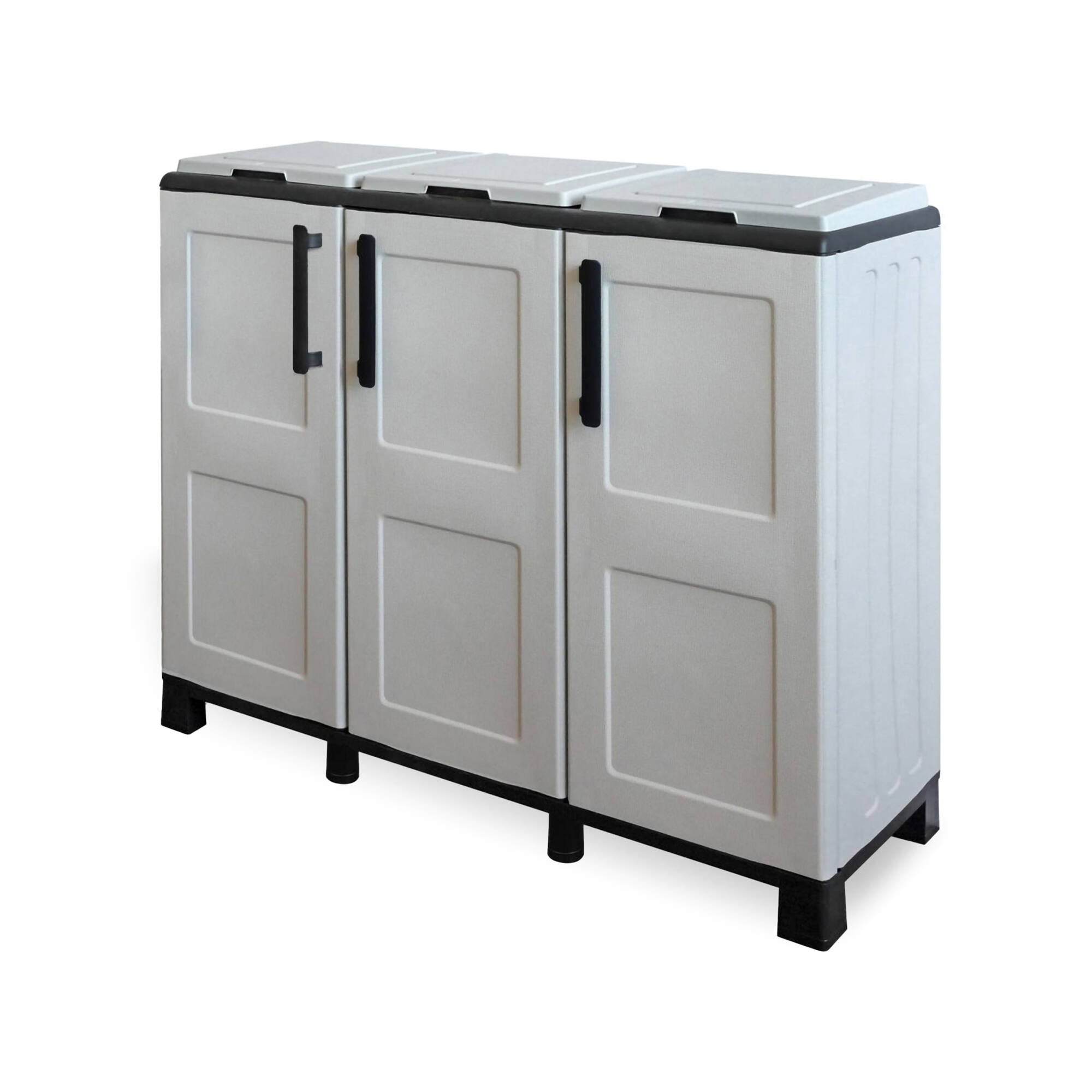 Armadio portarifiuti da esterno o interno, Mobile porta 3 sacchi a 3 ante, 100% Made in Italy, cm 102x37h90, colore Grigio chiaro