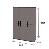 Armadio portascope da esterno o interno, Mobile a 3 ante e 3 ripiani regolabili in polipropilene, 100% Made in Italy, cm 102x37h163, colore Grigio