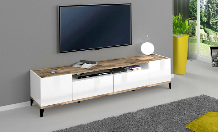 Mobile da soggiorno Porta TV, Made in Italy, Supporto per TV da salotto a 2 ante e 2 cassetti, Cm 200x40h47, Bianco lucido e Acero