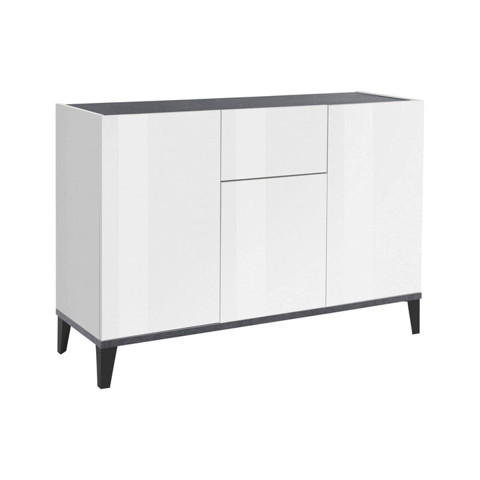 Credenza moderna a 3 ante e 1 cassetto, Made in Italy, Madia da cucina rialzata, Buffet di design da soggiorno, Cm 120x40h82, Bianco lucido e Ardesia