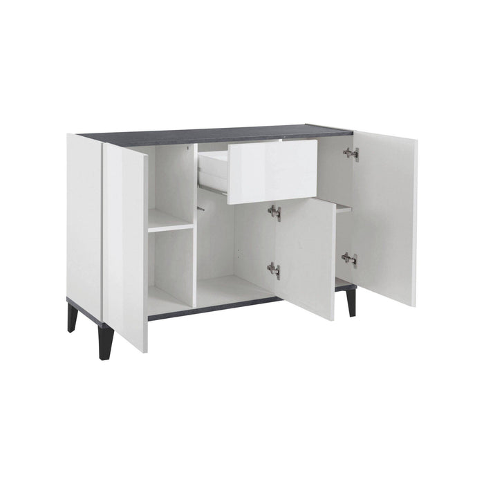 Credenza moderna a 3 ante e 1 cassetto, Made in Italy, Madia da cucina rialzata, Buffet di design da soggiorno, Cm 120x40h82, Bianco lucido e Ardesia