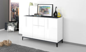 Credenza moderna a 3 ante e 1 cassetto, Made in Italy, Madia da cucina rialzata, Buffet di design da soggiorno, Cm 120x40h82, Bianco lucido e Ardesia