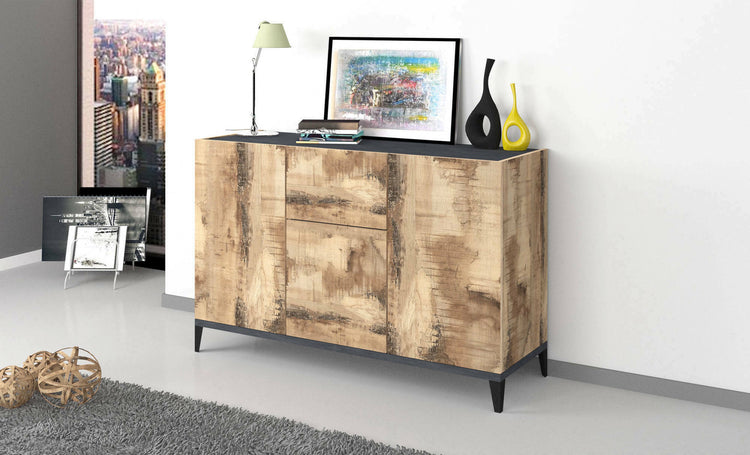 Credenza moderna a 3 ante e 1 cassetto, Made in Italy, Madia da cucina rialzata, Buffet di design da soggiorno, Cm 120x40h82, Ardesia e Acero