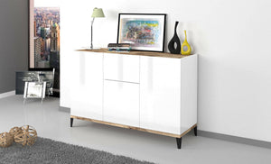 Credenza moderna a 3 ante e 1 cassetto, Made in Italy, Madia da cucina rialzata, Buffet di design da soggiorno, Cm 120x40h82, Bianco lucido e Acero