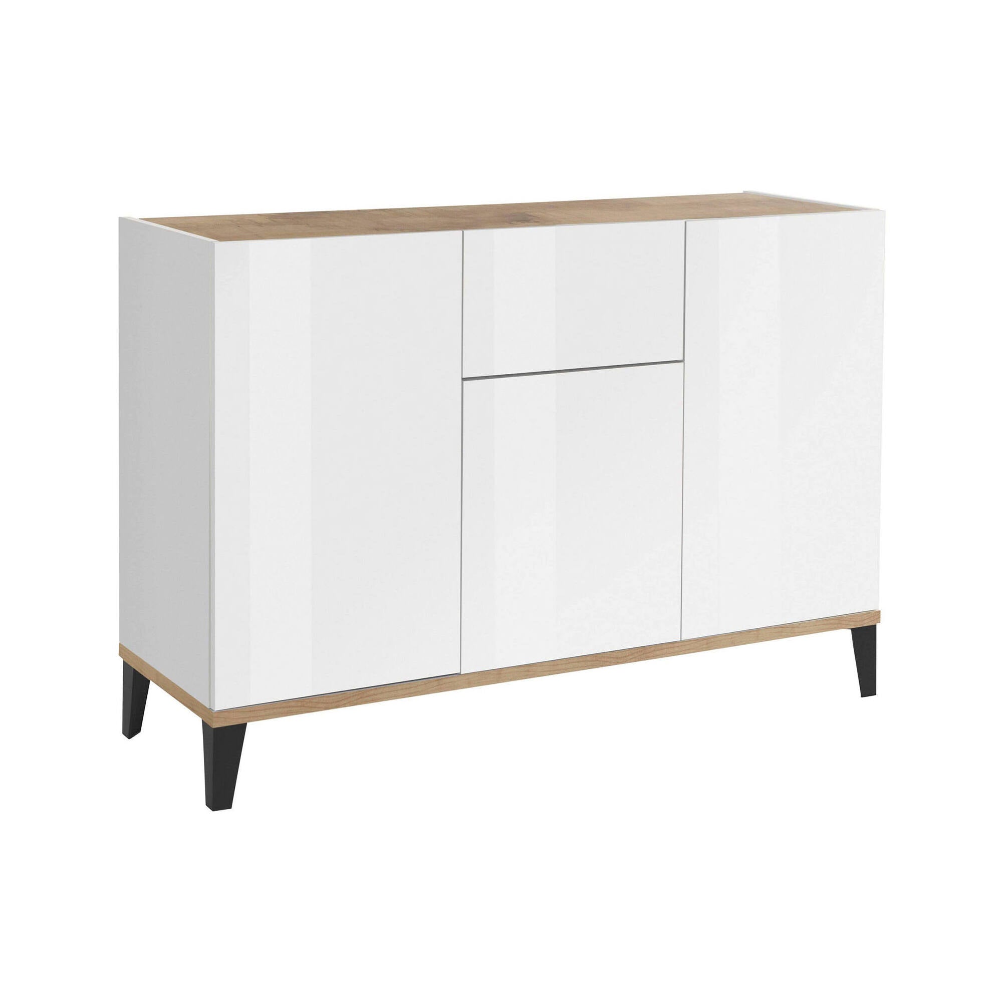 Credenza moderna a 3 ante e 1 cassetto, Made in Italy, Madia da cucina rialzata, Buffet di design da soggiorno, Cm 120x40h82, Bianco lucido e Acero