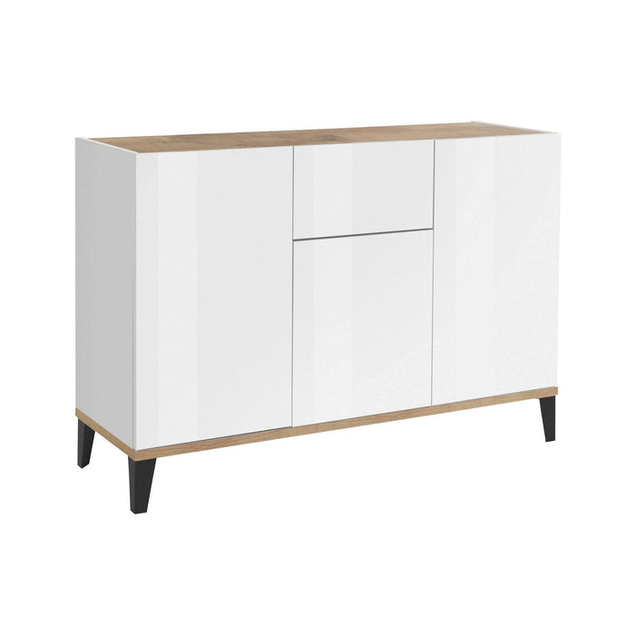 Credenza moderna a 3 ante e 1 cassetto, Made in Italy, Madia da cucina rialzata, Buffet di design da soggiorno, Cm 120x40h82, Bianco lucido e Acero