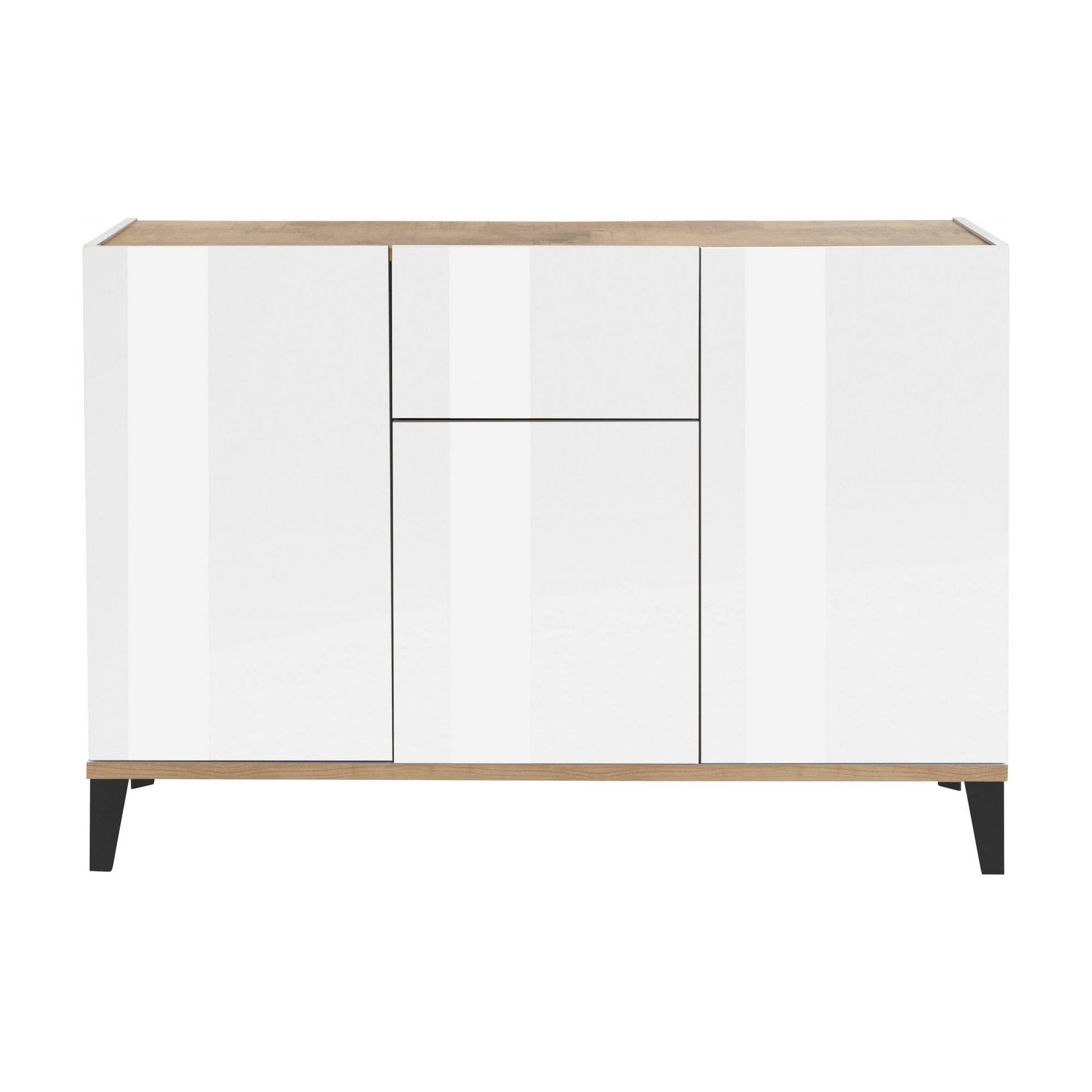 Credenza moderna a 3 ante e 1 cassetto, Made in Italy, Madia da cucina rialzata, Buffet di design da soggiorno, Cm 120x40h82, Bianco lucido e Acero