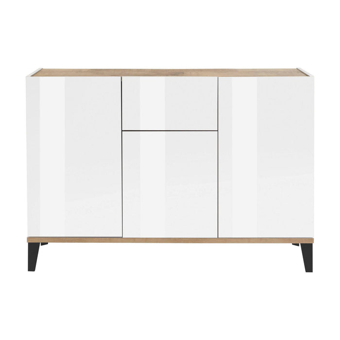 Credenza moderna a 3 ante e 1 cassetto, Made in Italy, Madia da cucina rialzata, Buffet di design da soggiorno, Cm 120x40h82, Bianco lucido e Acero