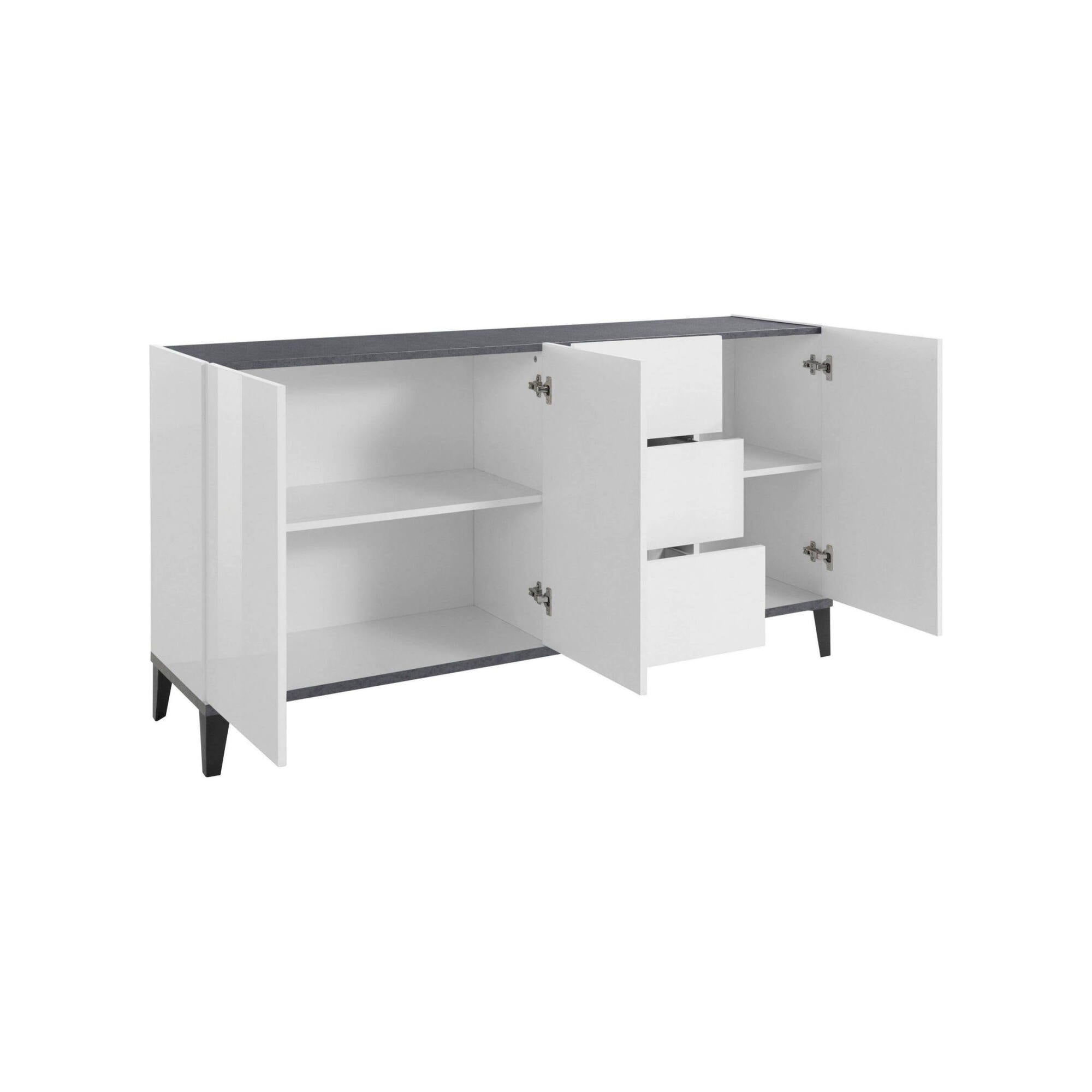 Credenza moderna a 3 ante e 3 cassetti, Made in Italy, Madia da cucina rialzata, Buffet di design da soggiorno, Cm 160x40h82, Bianco lucido e Ardesia