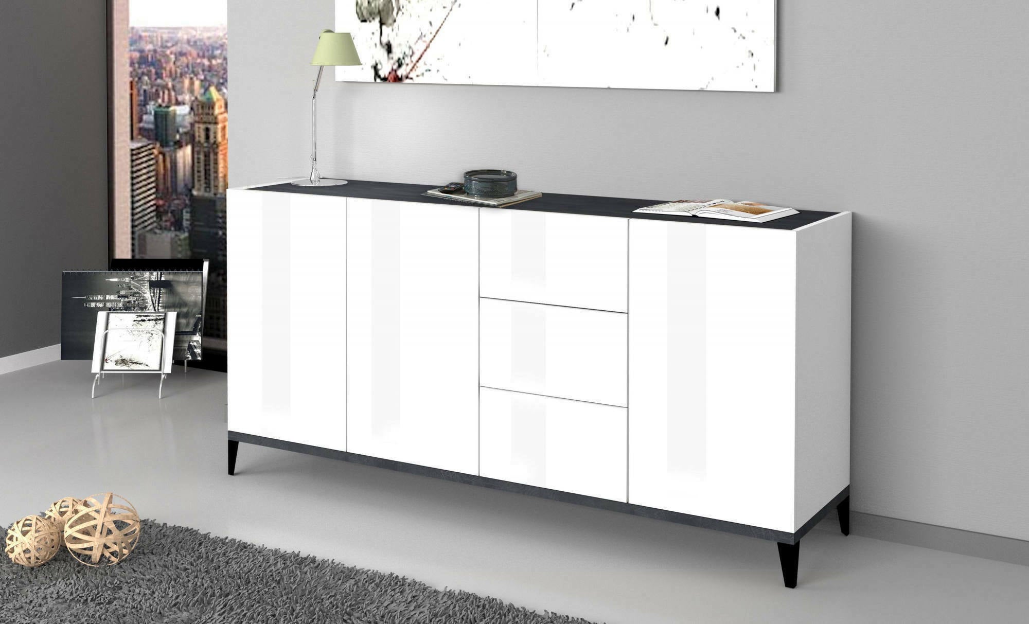 Credenza moderna a 3 ante e 3 cassetti, Made in Italy, Madia da cucina rialzata, Buffet di design da soggiorno, Cm 160x40h82, Bianco lucido e Ardesia