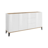 Credenza moderna a 3 ante e 3 cassetti, Made in Italy, Madia da cucina rialzata, Buffet di design da soggiorno, Cm 160x40h82, Bianco lucido e Acero