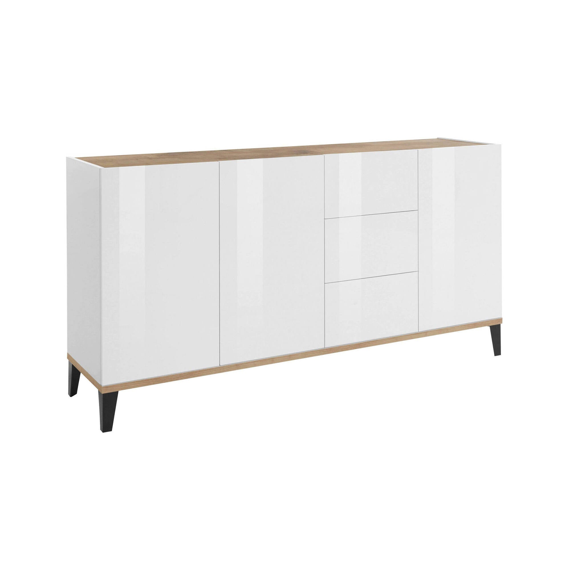 Credenza moderna a 3 ante e 3 cassetti, Made in Italy, Madia da cucina rialzata, Buffet di design da soggiorno, Cm 160x40h82, Bianco lucido e Acero