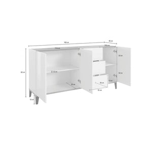 Credenza moderna a 3 ante e 3 cassetti, Made in Italy, Madia da cucina rialzata, Buffet di design da soggiorno, Cm 160x40h82, Bianco lucido e Acero