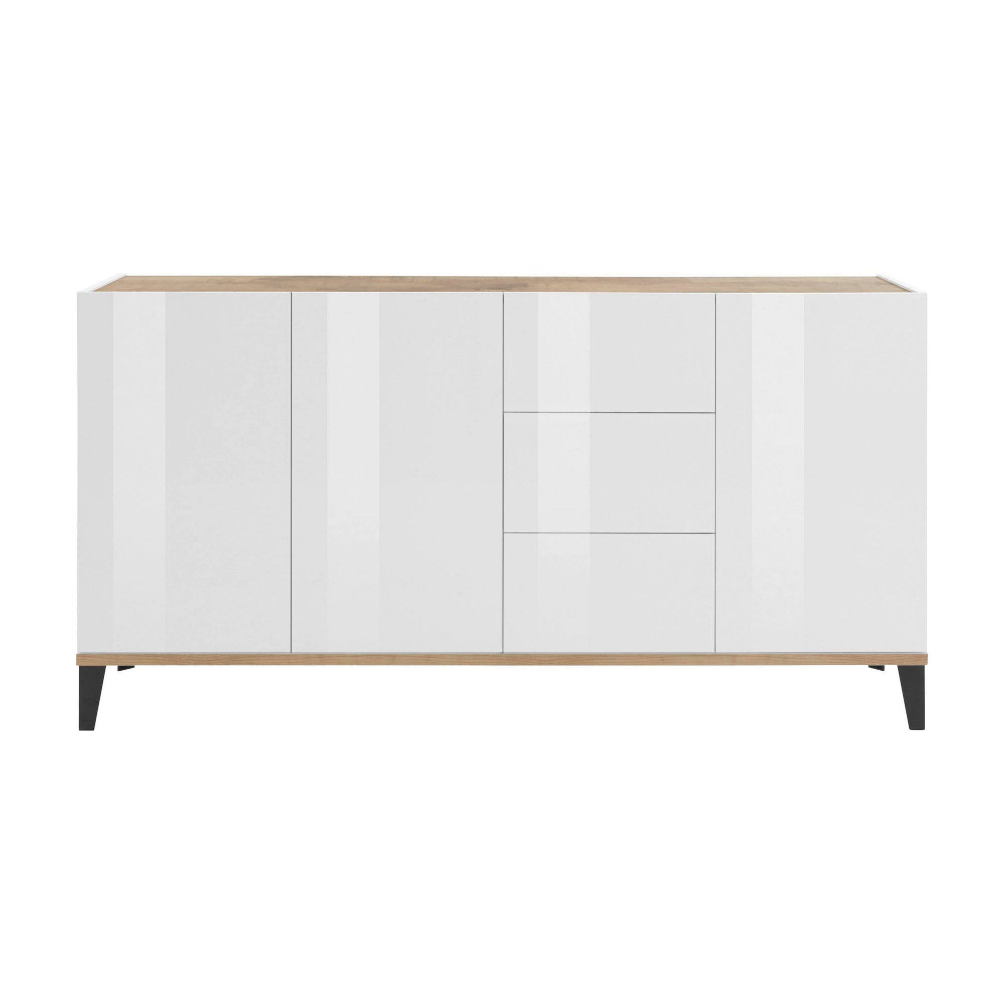 Credenza moderna a 3 ante e 3 cassetti, Made in Italy, Madia da cucina rialzata, Buffet di design da soggiorno, Cm 160x40h82, Bianco lucido e Acero