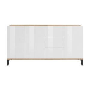 Credenza moderna a 3 ante e 3 cassetti, Made in Italy, Madia da cucina rialzata, Buffet di design da soggiorno, Cm 160x40h82, Bianco lucido e Acero