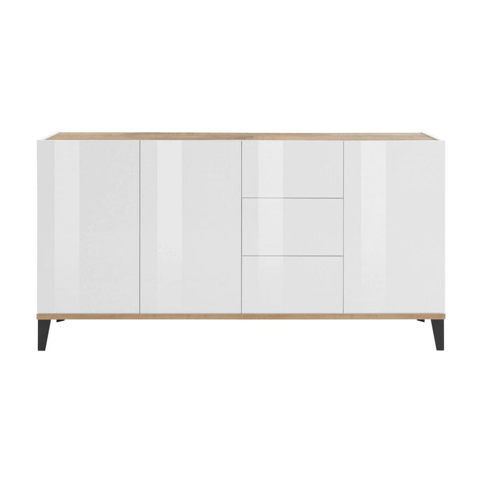 Credenza moderna a 3 ante e 3 cassetti, Made in Italy, Madia da cucina rialzata, Buffet di design da soggiorno, Cm 160x40h82, Bianco lucido e Acero