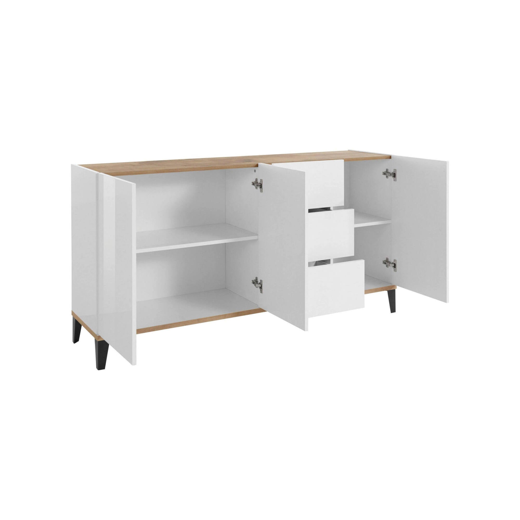 Credenza moderna a 3 ante e 3 cassetti, Made in Italy, Madia da cucina rialzata, Buffet di design da soggiorno, Cm 160x40h82, Bianco lucido e Acero