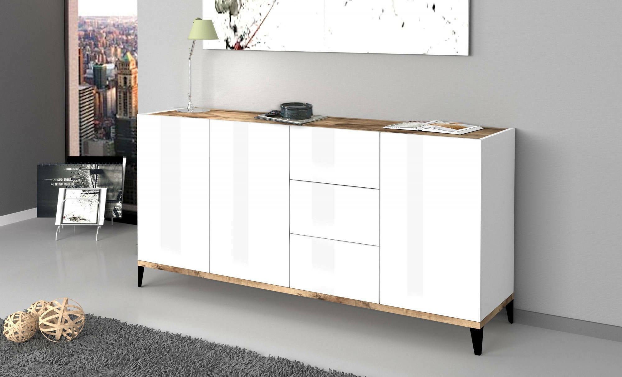 Credenza moderna a 3 ante e 3 cassetti, Made in Italy, Madia da cucina rialzata, Buffet di design da soggiorno, Cm 160x40h82, Bianco lucido e Acero