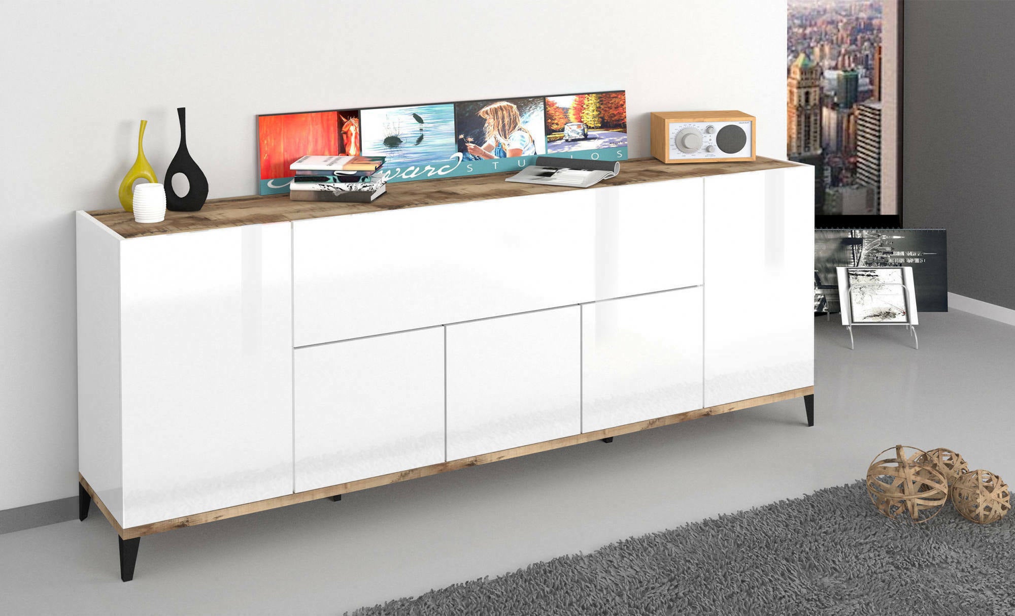 Credenza moderna a 6 ante, Made in Italy, Madia da cucina rialzata, Buffet di design da soggiorno, Cm 200x40h82, Bianco lucido e Acero