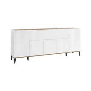 Credenza moderna a 6 ante, Made in Italy, Madia da cucina rialzata, Buffet di design da soggiorno, Cm 200x40h82, Bianco lucido e Acero