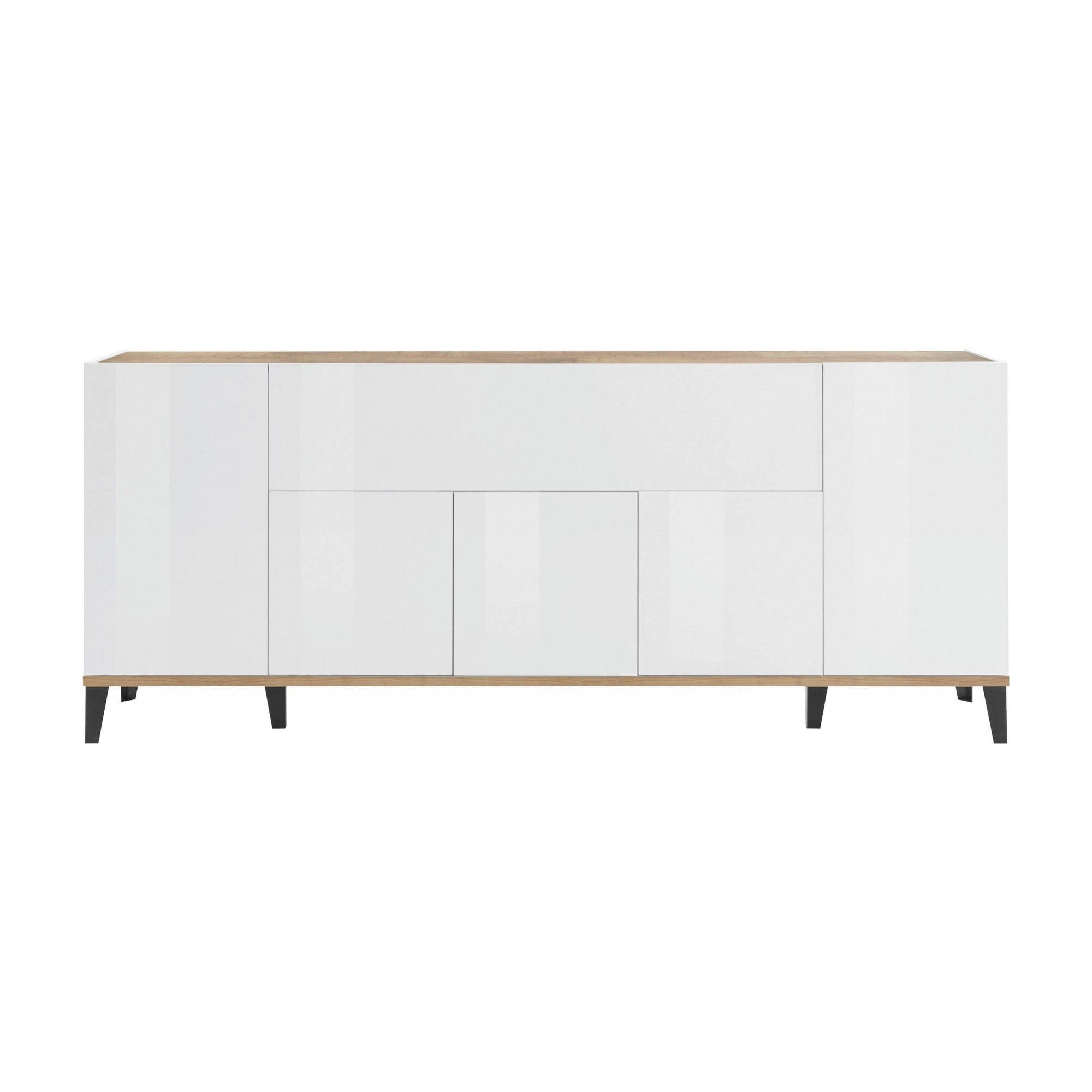 Credenza moderna a 6 ante, Made in Italy, Madia da cucina rialzata, Buffet di design da soggiorno, Cm 200x40h82, Bianco lucido e Acero