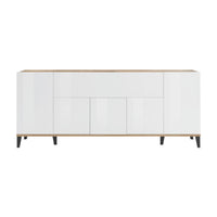 Credenza moderna a 6 ante, Made in Italy, Madia da cucina rialzata, Buffet di design da soggiorno, Cm 200x40h82, Bianco lucido e Acero