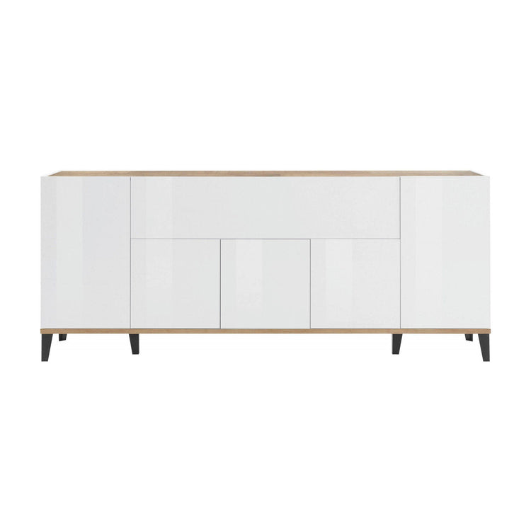 Credenza moderna a 6 ante, Made in Italy, Madia da cucina rialzata, Buffet di design da soggiorno, Cm 200x40h82, Bianco lucido e Acero