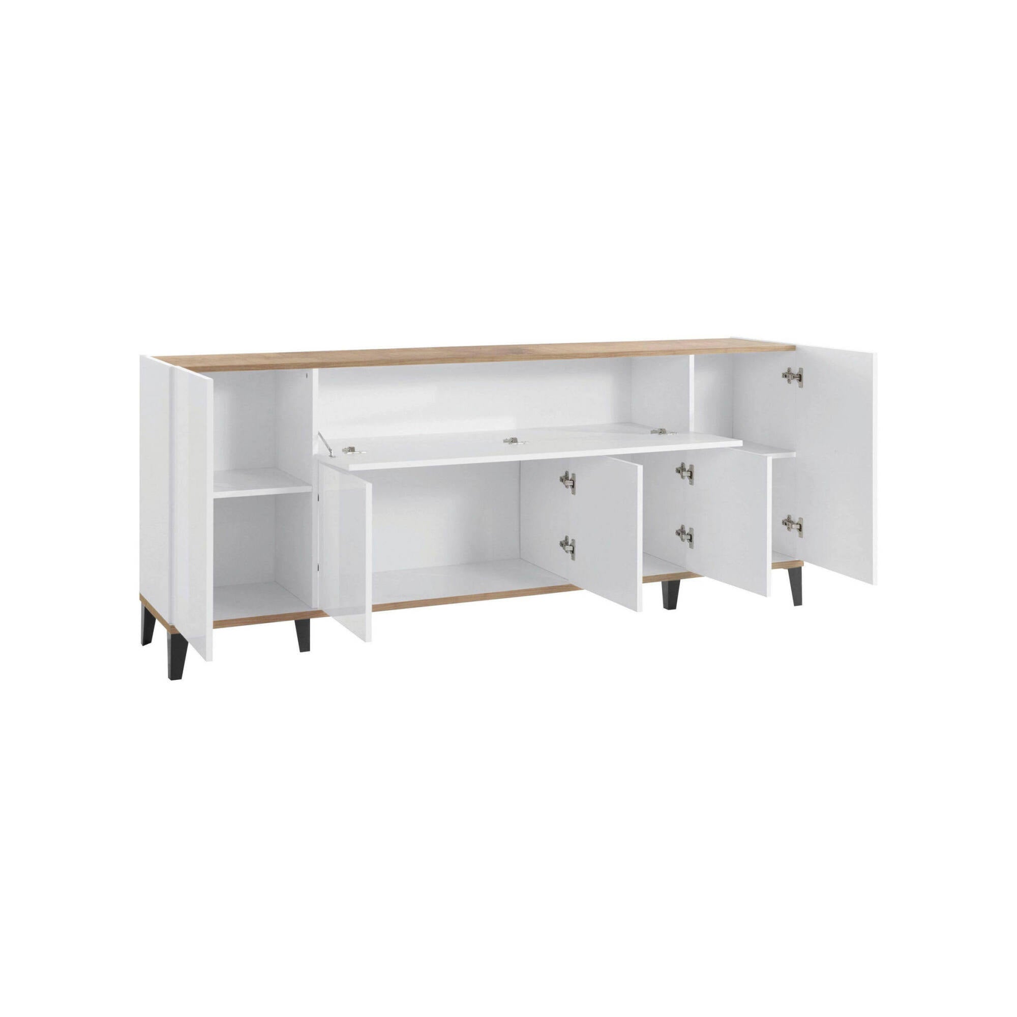 Credenza moderna a 6 ante, Made in Italy, Madia da cucina rialzata, Buffet di design da soggiorno, Cm 200x40h82, Bianco lucido e Acero