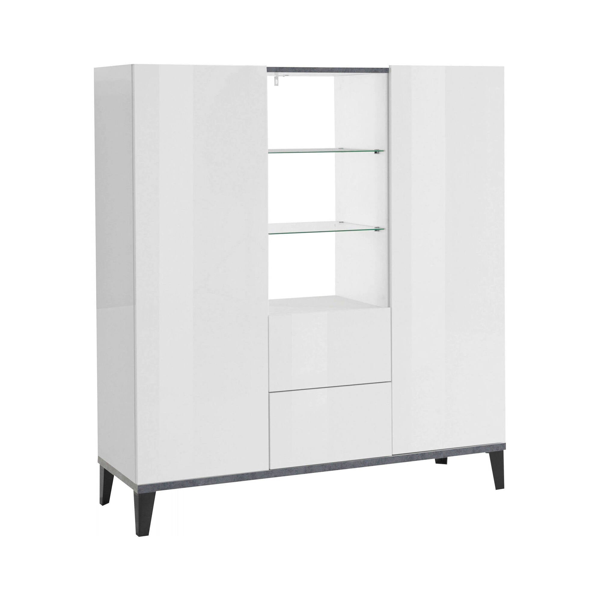 Credenza moderna a 2 ante e 2 cassetti, Made in Italy, Madia con ripiani, Buffet di design da ingresso, Cm 120x40h133, Bianco lucido e Ardesia