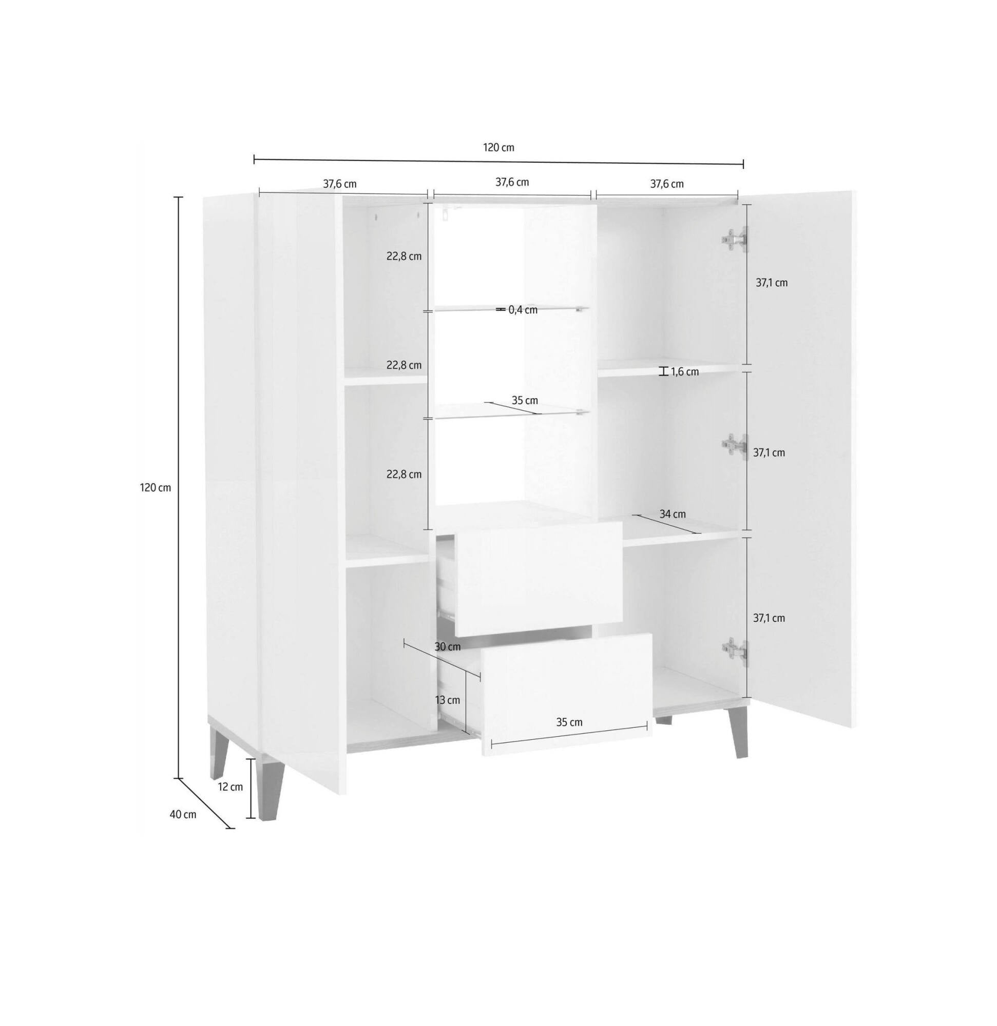 Credenza moderna a 2 ante e 2 cassetti, Made in Italy, Madia con ripiani, Buffet di design da ingresso, Cm 120x40h133, Bianco lucido e Ardesia