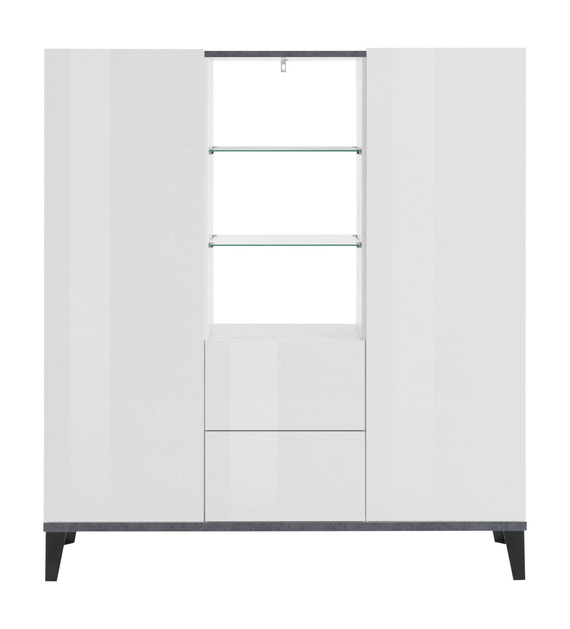 Credenza moderna a 2 ante e 2 cassetti, Made in Italy, Madia con ripiani, Buffet di design da ingresso, Cm 120x40h133, Bianco lucido e Ardesia