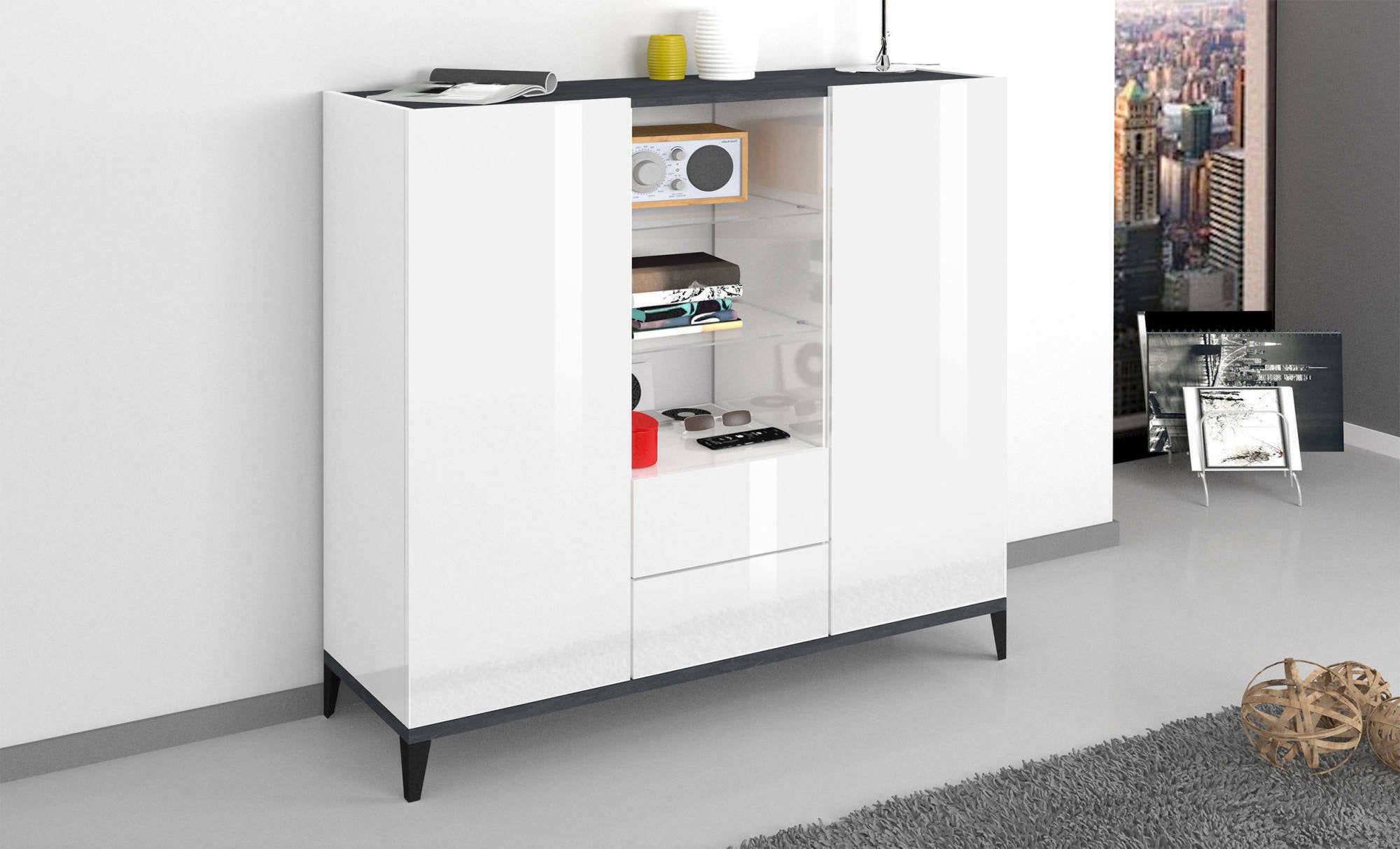 Credenza moderna a 2 ante e 2 cassetti, Made in Italy, Madia con ripiani, Buffet di design da ingresso, Cm 120x40h133, Bianco lucido e Ardesia