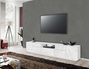 Mobile da soggiorno Porta TV, Made in Italy, Credenza per TV da salotto a 4 ante geometriche e 1 cassetto, Cm 220x43h46, Bianco lucido