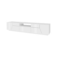 Mobile da soggiorno Porta TV, Made in Italy, Credenza per TV da salotto a 4 ante geometriche e 1 cassetto, Cm 220x43h46, Bianco lucido