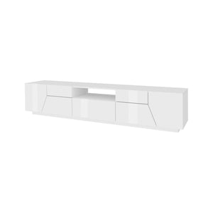 Mobile da soggiorno Porta TV, Made in Italy, Credenza per TV da salotto a 4 ante geometriche e 1 cassetto, Cm 220x43h46, Bianco lucido