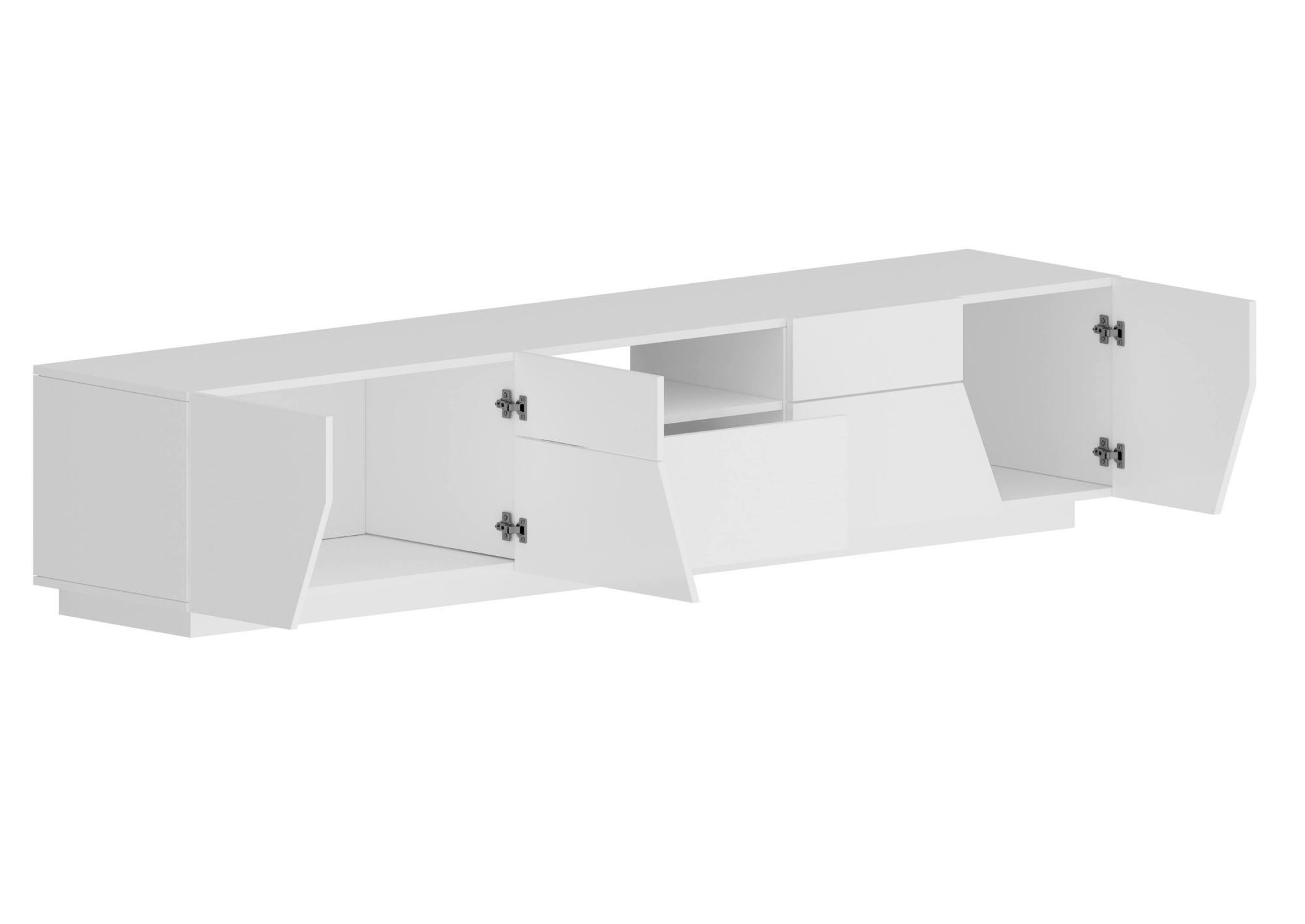 Mobile da soggiorno Porta TV, Made in Italy, Credenza per TV da salotto a 4 ante geometriche e 1 cassetto, Cm 220x43h46, Bianco lucido