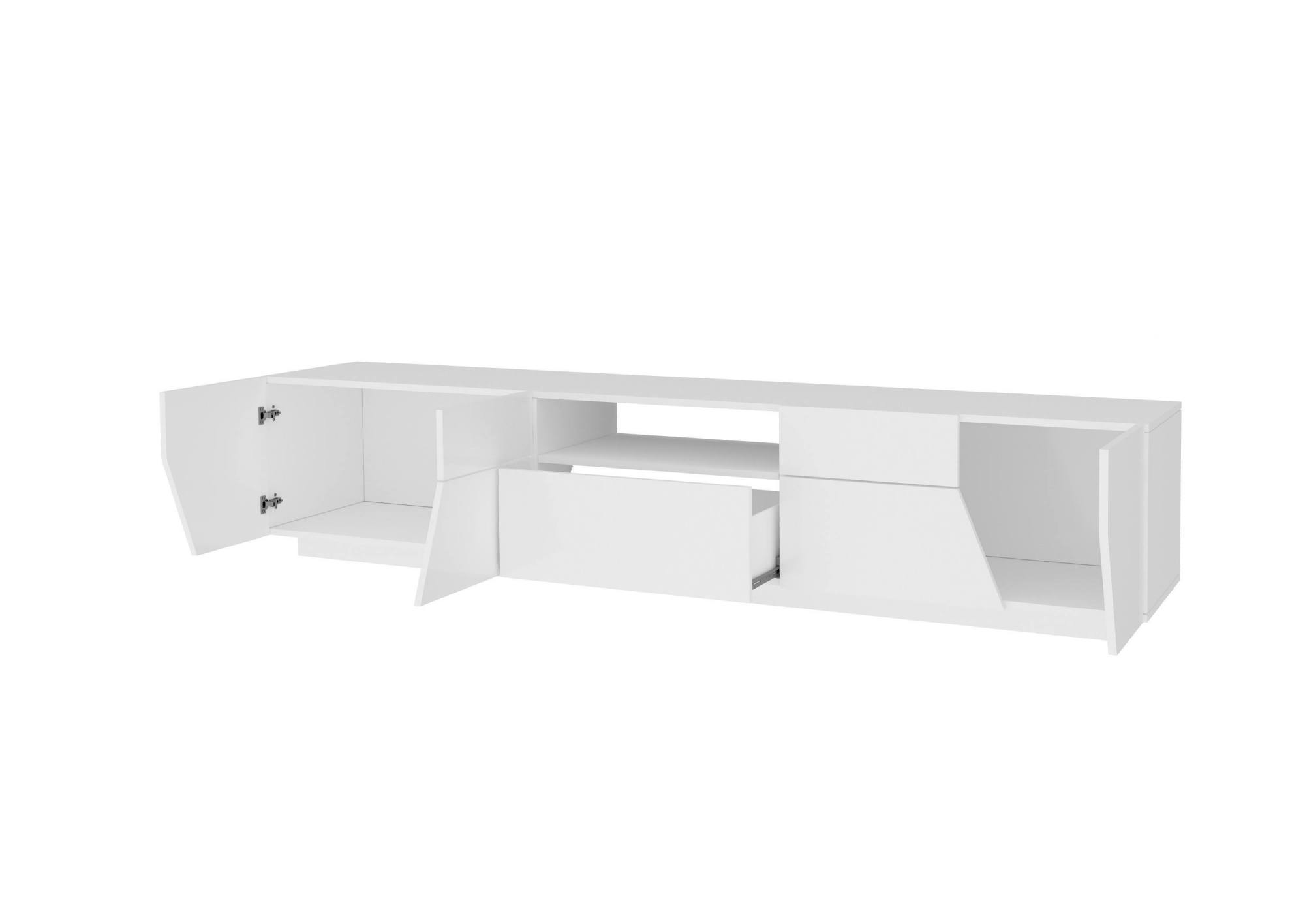 Mobile da soggiorno Porta TV, Made in Italy, Credenza per TV da salotto a 4 ante geometriche e 1 cassetto, Cm 220x43h46, Bianco lucido