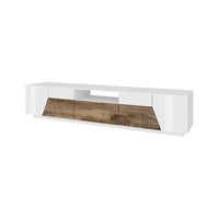 Mobile da soggiorno Porta TV, Made in Italy, Credenza per TV da salotto a 4 ante geometriche e 1 cassetto, Cm 220x43h46, Bianco lucido e Acero