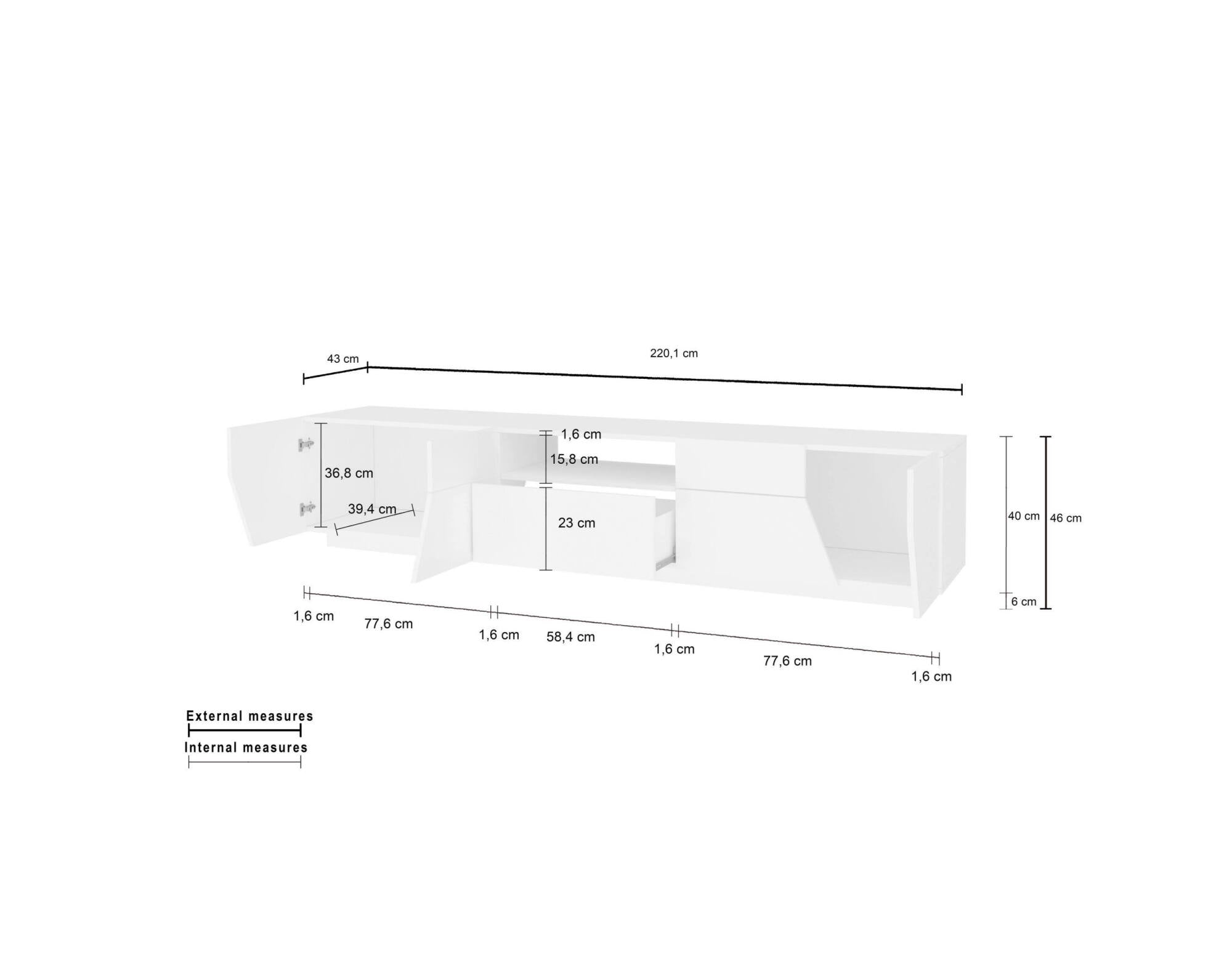 Mobile da soggiorno Porta TV, Made in Italy, Credenza per TV da salotto a 4 ante geometriche e 1 cassetto, Cm 220x43h46, Bianco lucido e Acero