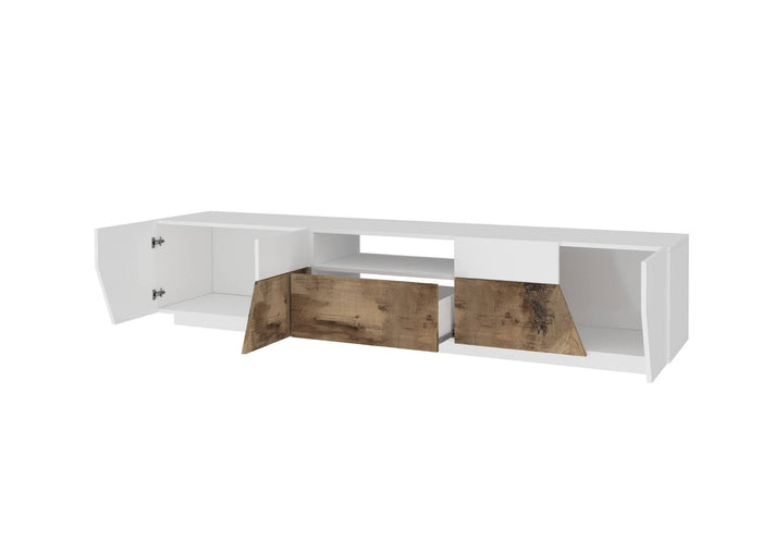 Mobile da soggiorno Porta TV, Made in Italy, Credenza per TV da salotto a 4 ante geometriche e 1 cassetto, Cm 220x43h46, Bianco lucido e Acero