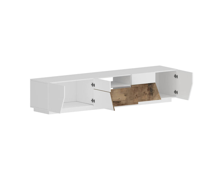 Mobile da soggiorno Porta TV, Made in Italy, Credenza per TV da salotto a 4 ante geometriche e 1 cassetto, Cm 220x43h46, Bianco lucido e Acero