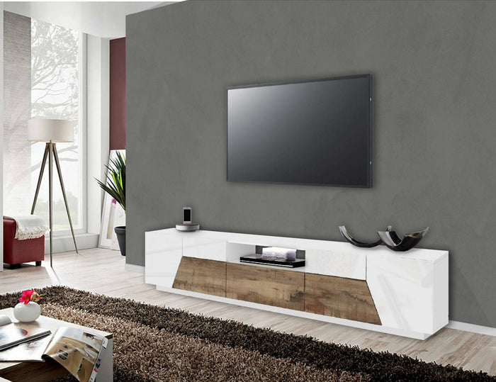 Mobile da soggiorno Porta TV, Made in Italy, Credenza per TV da salotto a 4 ante geometriche e 1 cassetto, Cm 220x43h46, Bianco lucido e Acero