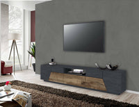 Mobile da soggiorno Porta TV, Made in Italy, Credenza per TV da salotto a 4 ante geometriche e 1 cassetto, Cm 220x43h46, Ardesia e Acero