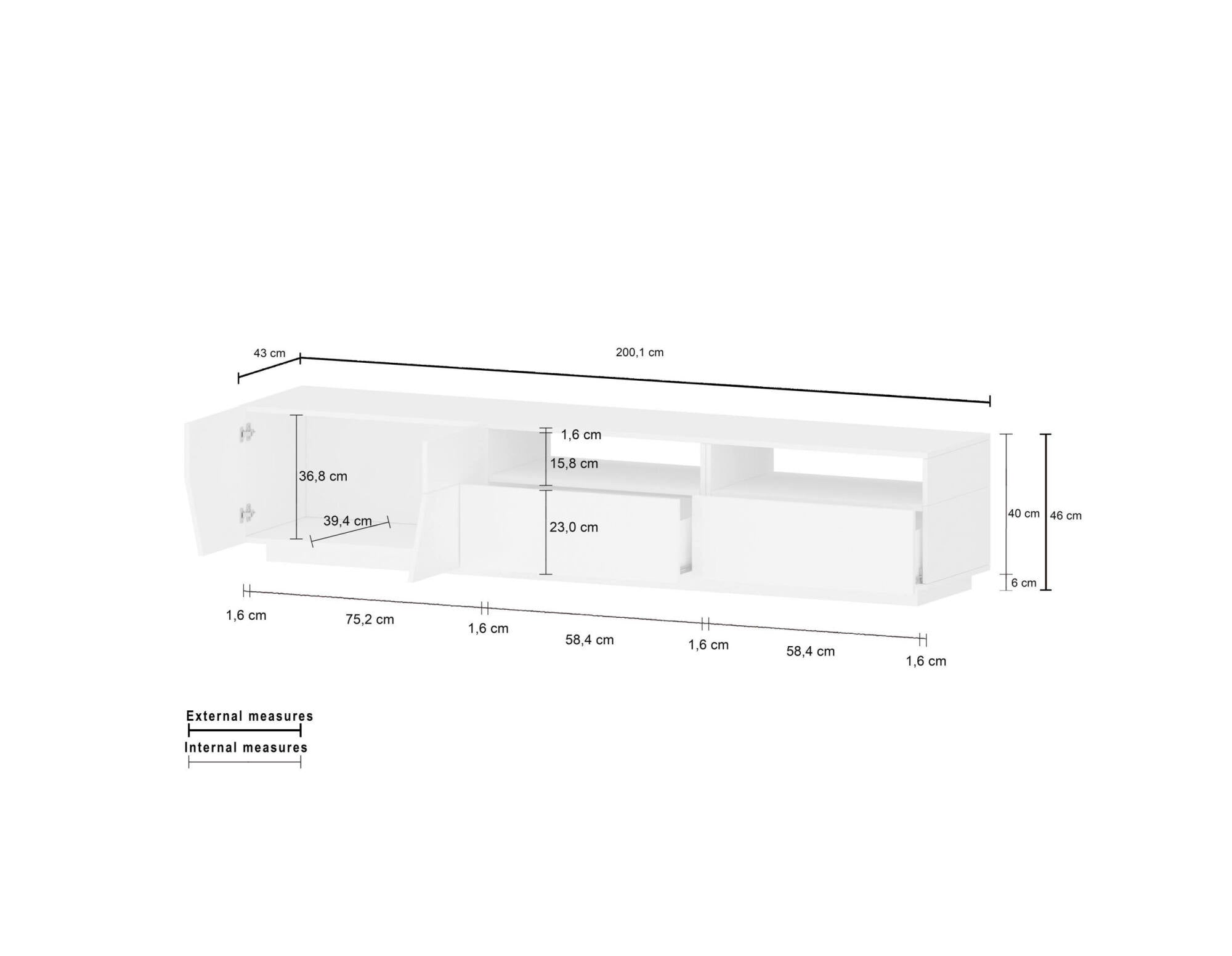 Mobile da soggiorno Porta TV, Made in Italy, Supporto per TV da salotto a 2 ante geometriche e 2 cassetti, Cm 200x43h46, Bianco lucido e Acero